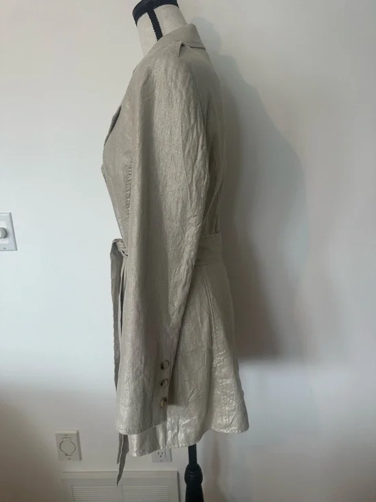 Linen Cotton Blend Metallic Trench Coat Chic Classic Statement Blazer Coat - Picture 6 of 14